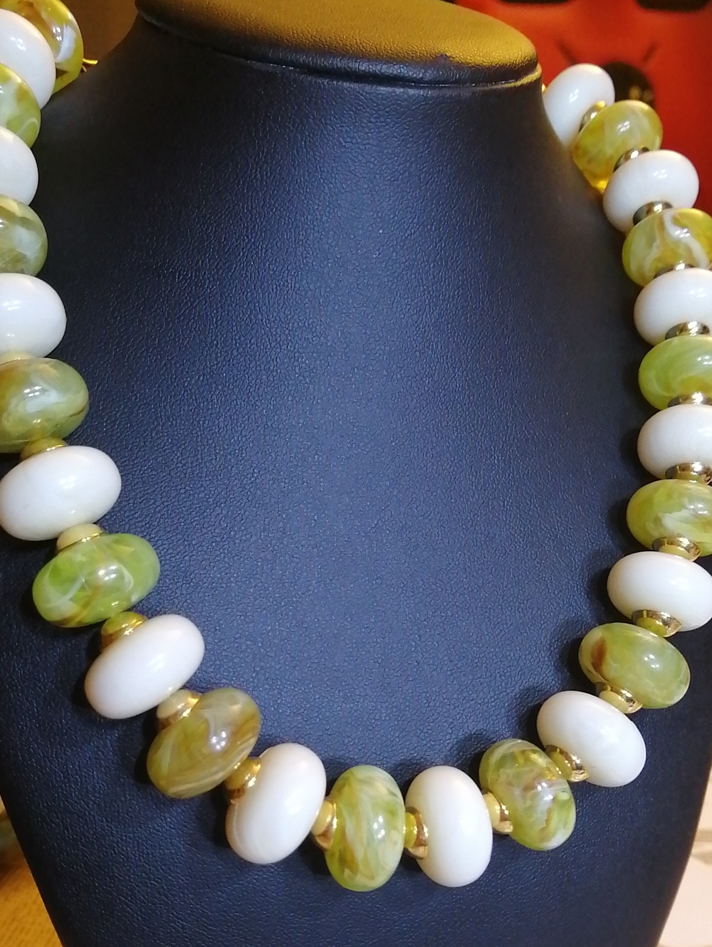 Vintage Gold Tone Necklace Green And White Marbeled Beads
